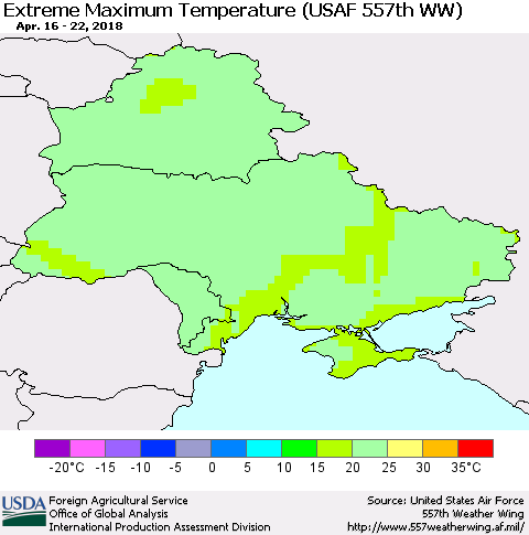 Ukraine, Moldova and Belarus Maximum Daily Temperature (USAF 557th WW) Thematic Map For 4/16/2018 - 4/22/2018