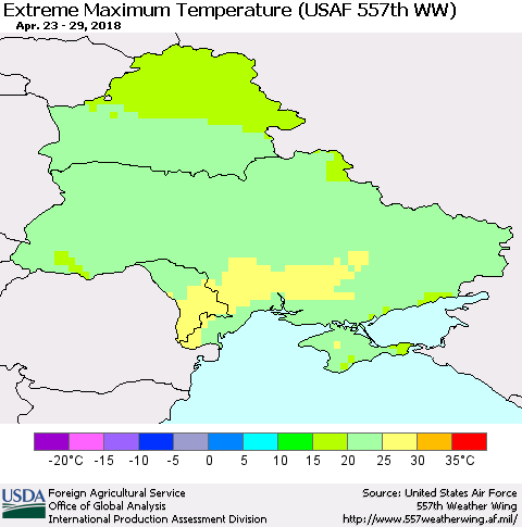 Ukraine, Moldova and Belarus Maximum Daily Temperature (USAF 557th WW) Thematic Map For 4/23/2018 - 4/29/2018