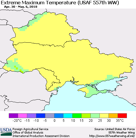 Ukraine, Moldova and Belarus Maximum Daily Temperature (USAF 557th WW) Thematic Map For 4/30/2018 - 5/6/2018