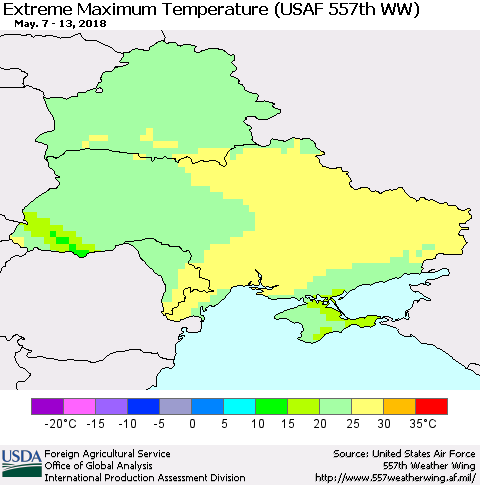 Ukraine, Moldova and Belarus Maximum Daily Temperature (USAF 557th WW) Thematic Map For 5/7/2018 - 5/13/2018