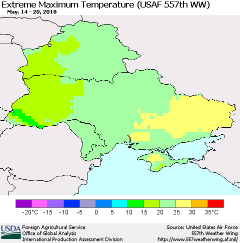 Ukraine, Moldova and Belarus Maximum Daily Temperature (USAF 557th WW) Thematic Map For 5/14/2018 - 5/20/2018