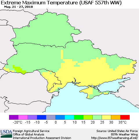 Ukraine, Moldova and Belarus Maximum Daily Temperature (USAF 557th WW) Thematic Map For 5/21/2018 - 5/27/2018