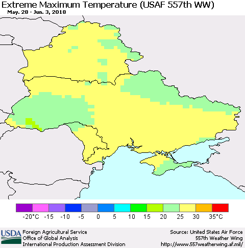 Ukraine, Moldova and Belarus Maximum Daily Temperature (USAF 557th WW) Thematic Map For 5/28/2018 - 6/3/2018