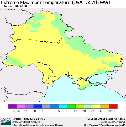 Ukraine, Moldova and Belarus Maximum Daily Temperature (USAF 557th WW) Thematic Map For 6/4/2018 - 6/10/2018