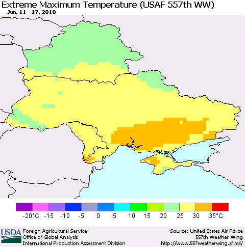 Ukraine, Moldova and Belarus Maximum Daily Temperature (USAF 557th WW) Thematic Map For 6/11/2018 - 6/17/2018