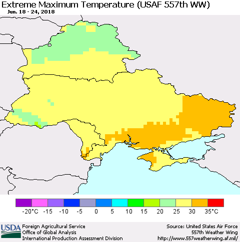 Ukraine, Moldova and Belarus Maximum Daily Temperature (USAF 557th WW) Thematic Map For 6/18/2018 - 6/24/2018