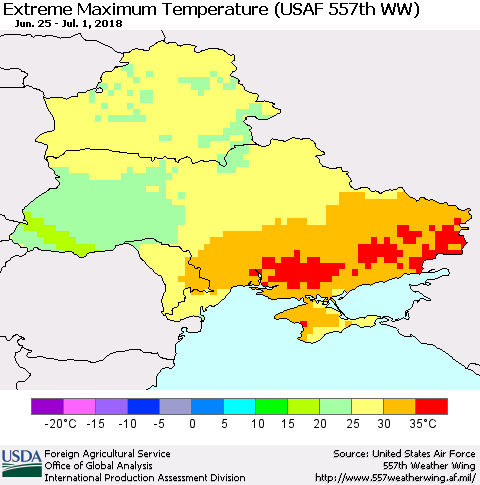 Ukraine, Moldova and Belarus Maximum Daily Temperature (USAF 557th WW) Thematic Map For 6/25/2018 - 7/1/2018