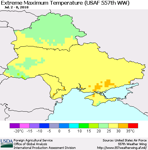 Ukraine, Moldova and Belarus Maximum Daily Temperature (USAF 557th WW) Thematic Map For 7/2/2018 - 7/8/2018
