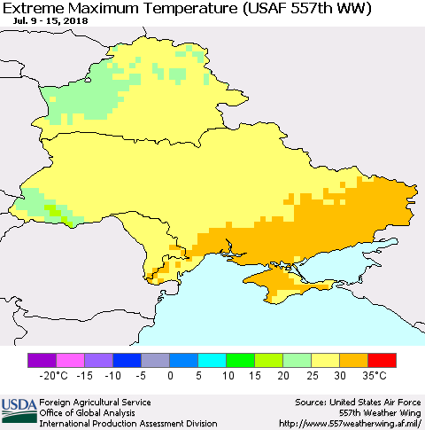 Ukraine, Moldova and Belarus Maximum Daily Temperature (USAF 557th WW) Thematic Map For 7/9/2018 - 7/15/2018