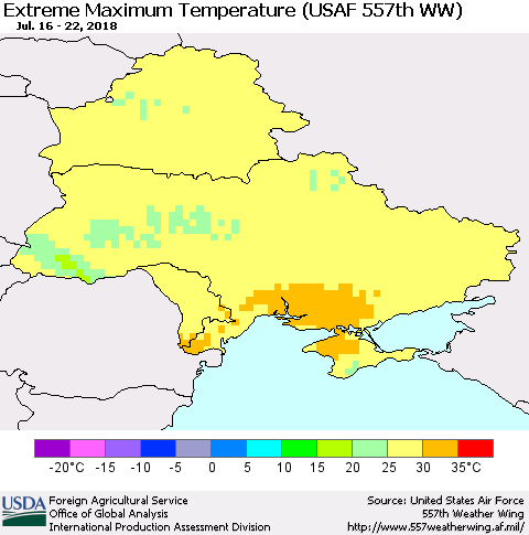Ukraine, Moldova and Belarus Maximum Daily Temperature (USAF 557th WW) Thematic Map For 7/16/2018 - 7/22/2018