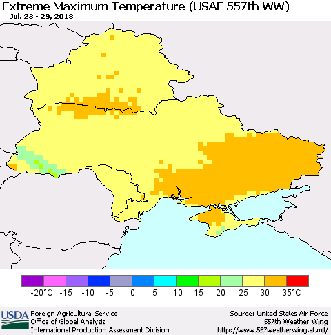 Ukraine, Moldova and Belarus Maximum Daily Temperature (USAF 557th WW) Thematic Map For 7/23/2018 - 7/29/2018