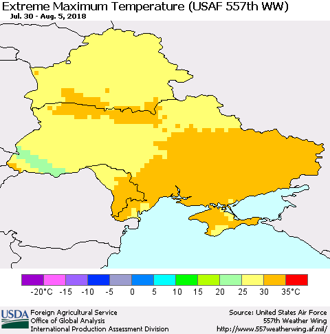 Ukraine, Moldova and Belarus Maximum Daily Temperature (USAF 557th WW) Thematic Map For 7/30/2018 - 8/5/2018