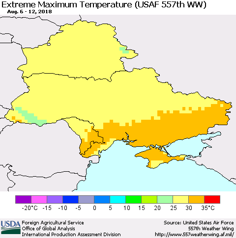 Ukraine, Moldova and Belarus Maximum Daily Temperature (USAF 557th WW) Thematic Map For 8/6/2018 - 8/12/2018