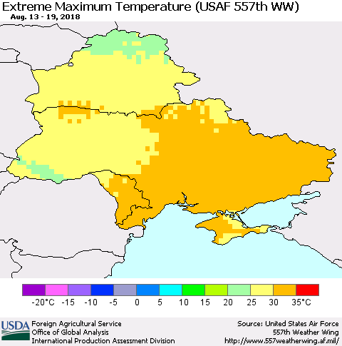 Ukraine, Moldova and Belarus Maximum Daily Temperature (USAF 557th WW) Thematic Map For 8/13/2018 - 8/19/2018