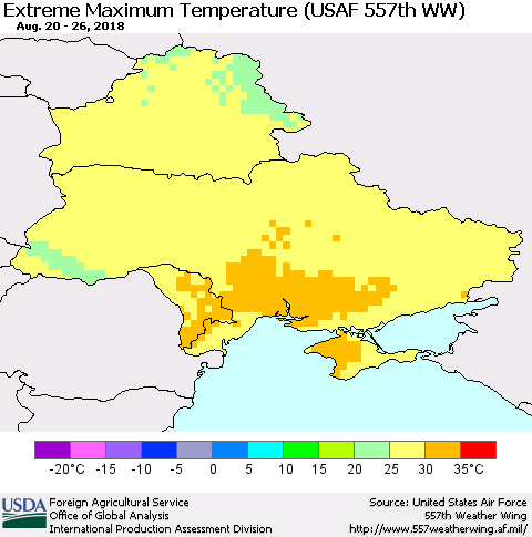 Ukraine, Moldova and Belarus Maximum Daily Temperature (USAF 557th WW) Thematic Map For 8/20/2018 - 8/26/2018