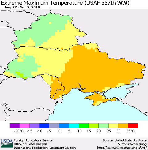 Ukraine, Moldova and Belarus Maximum Daily Temperature (USAF 557th WW) Thematic Map For 8/27/2018 - 9/2/2018