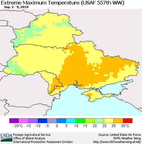 Ukraine, Moldova and Belarus Maximum Daily Temperature (USAF 557th WW) Thematic Map For 9/3/2018 - 9/9/2018
