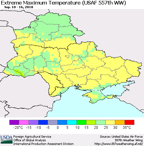 Ukraine, Moldova and Belarus Extreme Maximum Temperature (USAF 557th WW) Thematic Map For 9/10/2018 - 9/16/2018