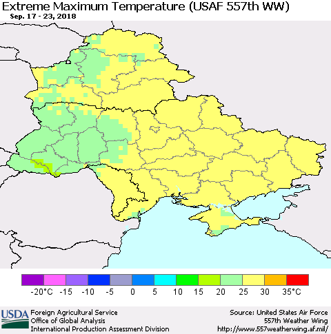 Ukraine, Moldova and Belarus Extreme Maximum Temperature (USAF 557th WW) Thematic Map For 9/17/2018 - 9/23/2018