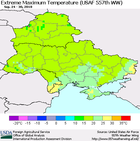 Ukraine, Moldova and Belarus Extreme Maximum Temperature (USAF 557th WW) Thematic Map For 9/24/2018 - 9/30/2018