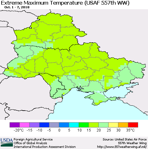 Ukraine, Moldova and Belarus Maximum Daily Temperature (USAF 557th WW) Thematic Map For 10/1/2018 - 10/7/2018