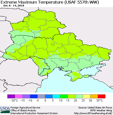 Ukraine, Moldova and Belarus Extreme Maximum Temperature (USAF 557th WW) Thematic Map For 10/8/2018 - 10/14/2018