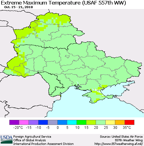 Ukraine, Moldova and Belarus Extreme Maximum Temperature (USAF 557th WW) Thematic Map For 10/15/2018 - 10/21/2018