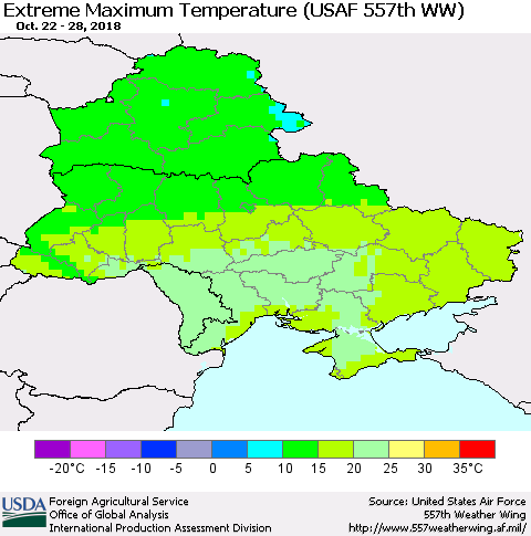 Ukraine, Moldova and Belarus Extreme Maximum Temperature (USAF 557th WW) Thematic Map For 10/22/2018 - 10/28/2018