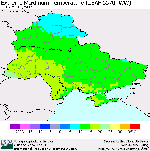 Ukraine, Moldova and Belarus Extreme Maximum Temperature (USAF 557th WW) Thematic Map For 11/5/2018 - 11/11/2018