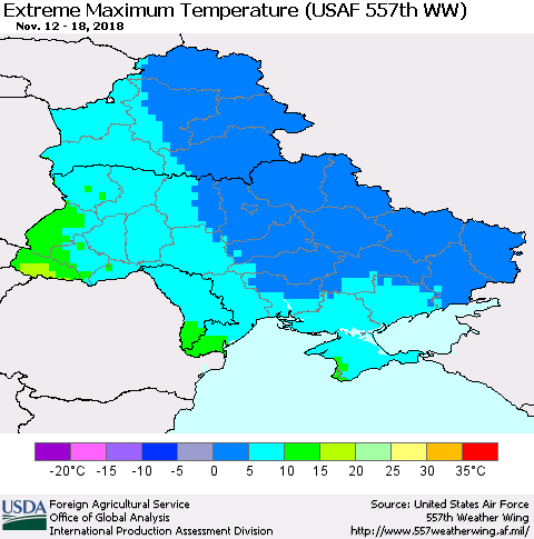 Ukraine, Moldova and Belarus Extreme Maximum Temperature (USAF 557th WW) Thematic Map For 11/12/2018 - 11/18/2018