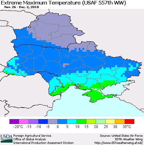 Ukraine, Moldova and Belarus Extreme Maximum Temperature (USAF 557th WW) Thematic Map For 11/26/2018 - 12/2/2018