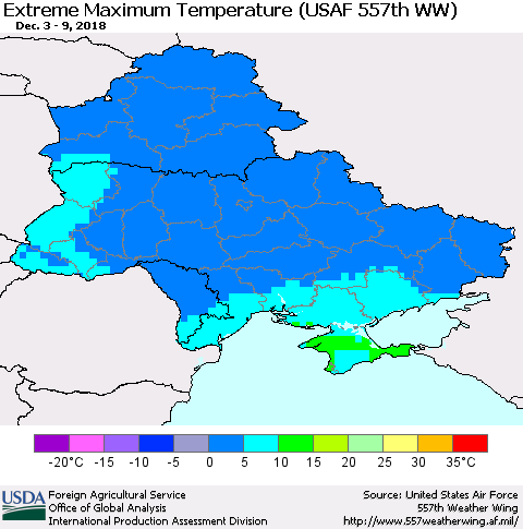 Ukraine, Moldova and Belarus Maximum Daily Temperature (USAF 557th WW) Thematic Map For 12/3/2018 - 12/9/2018