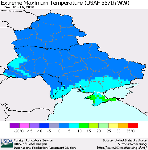Ukraine, Moldova and Belarus Extreme Maximum Temperature (USAF 557th WW) Thematic Map For 12/10/2018 - 12/16/2018