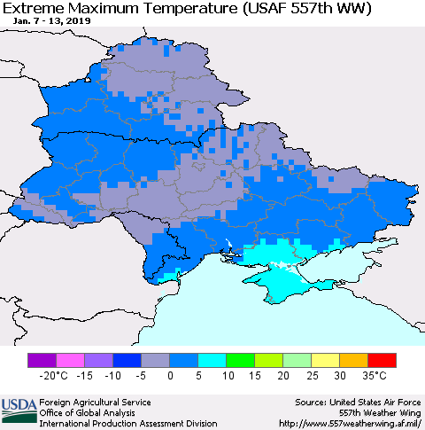 Ukraine, Moldova and Belarus Extreme Maximum Temperature (USAF 557th WW) Thematic Map For 1/7/2019 - 1/13/2019