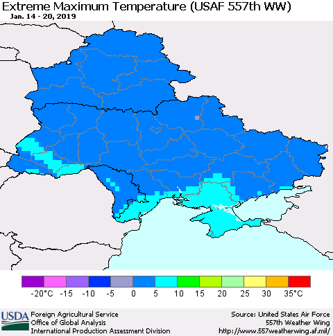 Ukraine, Moldova and Belarus Extreme Maximum Temperature (USAF 557th WW) Thematic Map For 1/14/2019 - 1/20/2019