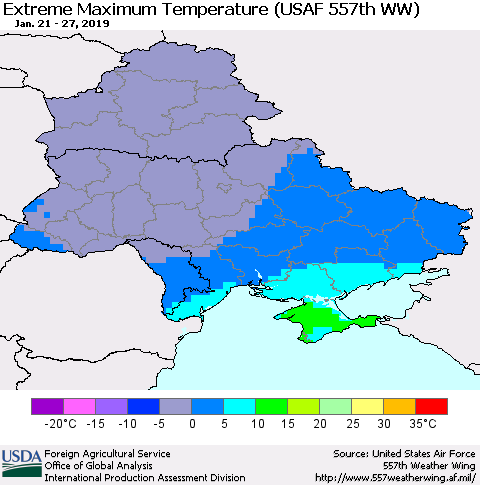 Ukraine, Moldova and Belarus Extreme Maximum Temperature (USAF 557th WW) Thematic Map For 1/21/2019 - 1/27/2019
