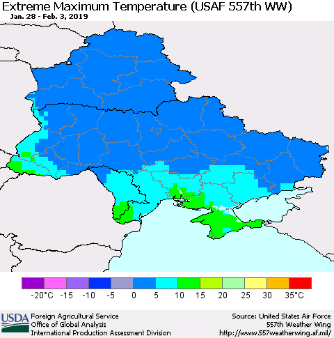 Ukraine, Moldova and Belarus Maximum Daily Temperature (USAF 557th WW) Thematic Map For 1/28/2019 - 2/3/2019