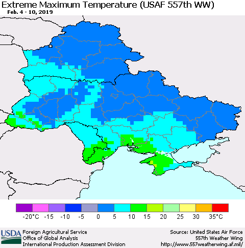 Ukraine, Moldova and Belarus Extreme Maximum Temperature (USAF 557th WW) Thematic Map For 2/4/2019 - 2/10/2019