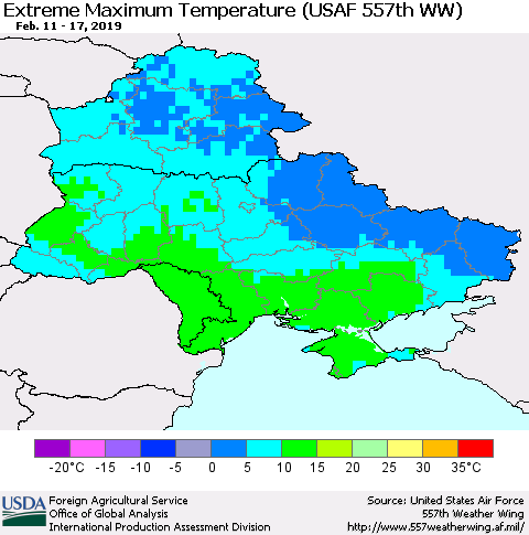 Ukraine, Moldova and Belarus Maximum Daily Temperature (USAF 557th WW) Thematic Map For 2/11/2019 - 2/17/2019