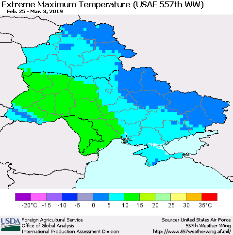 Ukraine, Moldova and Belarus Extreme Maximum Temperature (USAF 557th WW) Thematic Map For 2/25/2019 - 3/3/2019