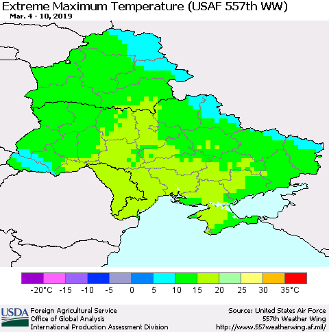 Ukraine, Moldova and Belarus Extreme Maximum Temperature (USAF 557th WW) Thematic Map For 3/4/2019 - 3/10/2019