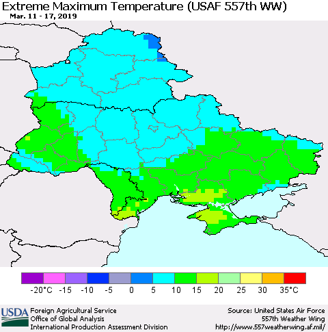 Ukraine, Moldova and Belarus Maximum Daily Temperature (USAF 557th WW) Thematic Map For 3/11/2019 - 3/17/2019