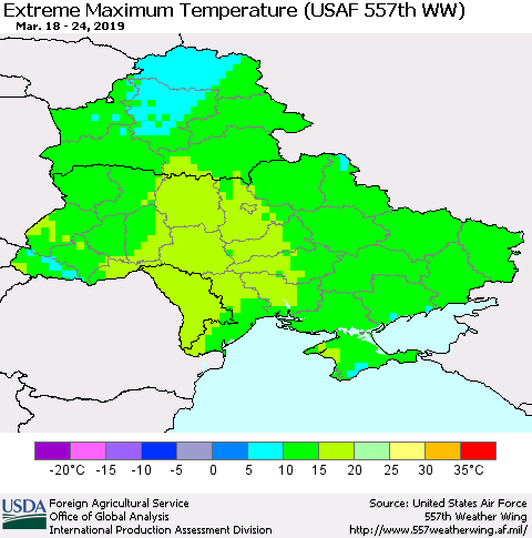 Ukraine, Moldova and Belarus Extreme Maximum Temperature (USAF 557th WW) Thematic Map For 3/18/2019 - 3/24/2019