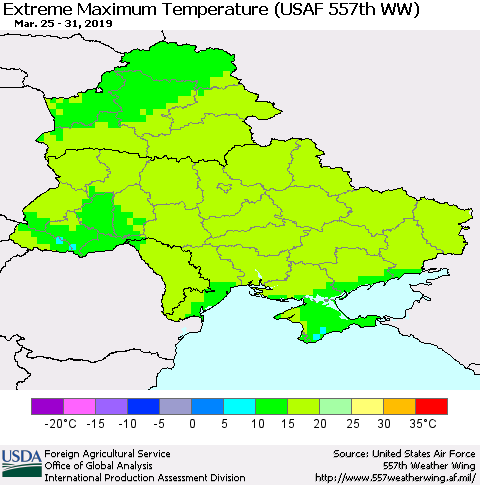 Ukraine, Moldova and Belarus Maximum Daily Temperature (USAF 557th WW) Thematic Map For 3/25/2019 - 3/31/2019