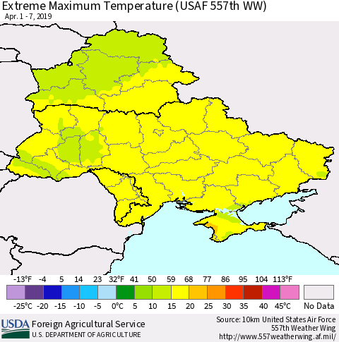 Ukraine, Moldova and Belarus Extreme Maximum Temperature (USAF 557th WW) Thematic Map For 4/1/2019 - 4/7/2019