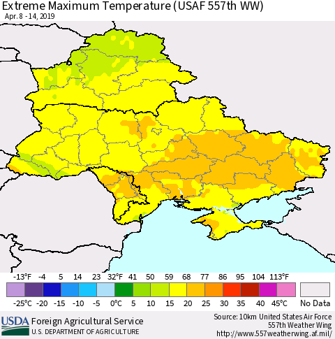 Ukraine, Moldova and Belarus Maximum Daily Temperature (USAF 557th WW) Thematic Map For 4/8/2019 - 4/14/2019