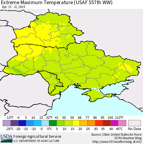 Ukraine, Moldova and Belarus Maximum Daily Temperature (USAF 557th WW) Thematic Map For 4/15/2019 - 4/21/2019