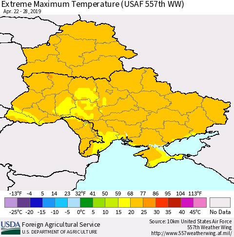 Ukraine, Moldova and Belarus Maximum Daily Temperature (USAF 557th WW) Thematic Map For 4/22/2019 - 4/28/2019
