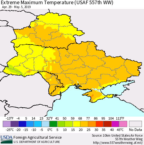 Ukraine, Moldova and Belarus Maximum Daily Temperature (USAF 557th WW) Thematic Map For 4/29/2019 - 5/5/2019