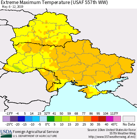 Ukraine, Moldova and Belarus Maximum Daily Temperature (USAF 557th WW) Thematic Map For 5/6/2019 - 5/12/2019